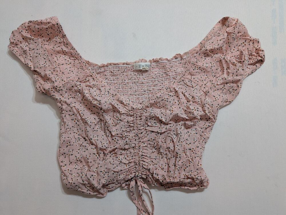 Sky And Sparrow Pink Floral Ruched Tie Top Milkmaid vibes Size Medium
